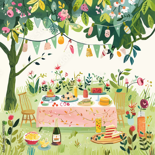 A painting of a picnic scene with a table full of food and drinks. The mood of the painting is cheerful and inviting, with the bright colors and lively atmosphere of a summer picnic