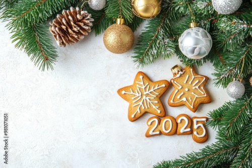 christmas and new year banner gingerbread cookies numbers '2025' on white background with copy space