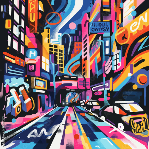 A colorful cityscape with a neon sign that says "Hudson Yards" in the middle