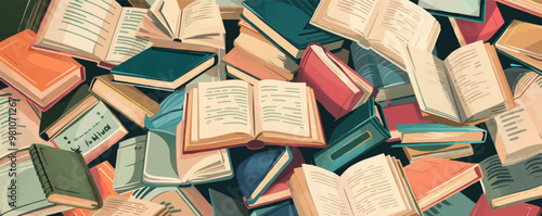 A pile of books with many open pages. The books are of different sizes and colors. Concept of knowledge and learning, as well as the idea of a library or a place where people can access information