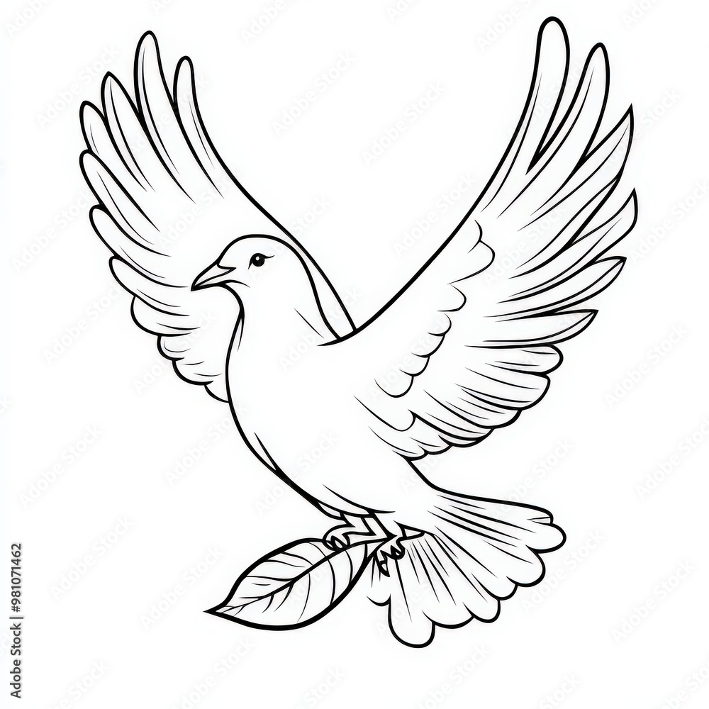 Obraz premium Peace Dove. Peaceful Pigeon Bird with White Feathers Flying with Leaf Illustration