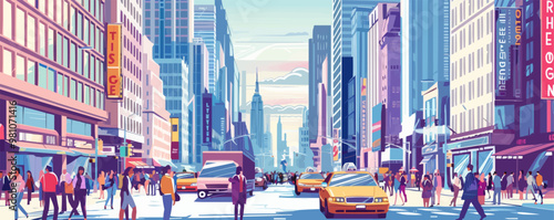 A busy city street with a lot of people and cars. Scene is bustling and lively