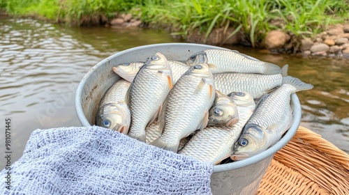 An empty plastic bucket holds several dead fish and one pink eel, with water visible. The fish are dark gray with light blue eyes, suggesting they are small perch or bream photo