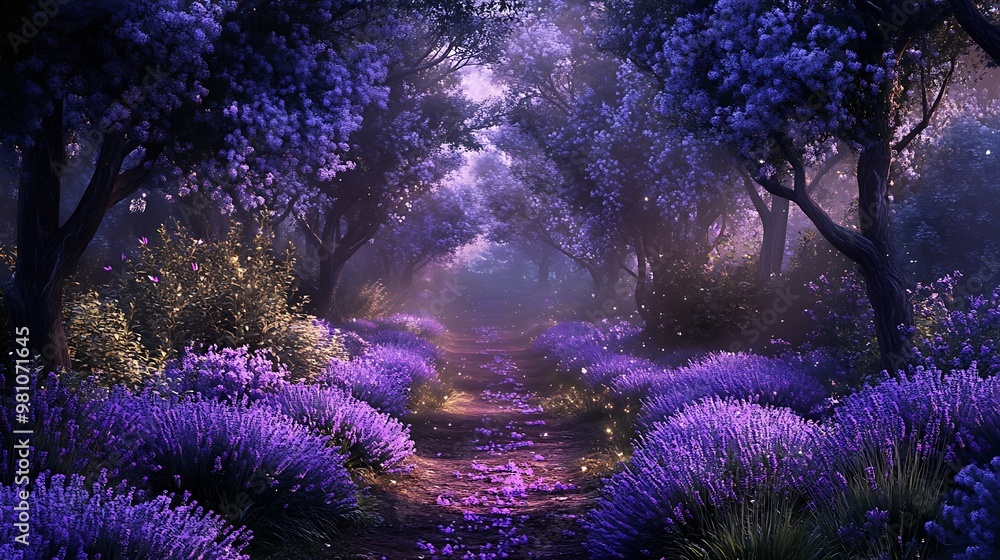 A serene pathway through a purple-hued forest, adorned with blooming flowers and soft lighting. A serene pathway through a purple-hued forest, adorned with blooming flowers and soft lighting.