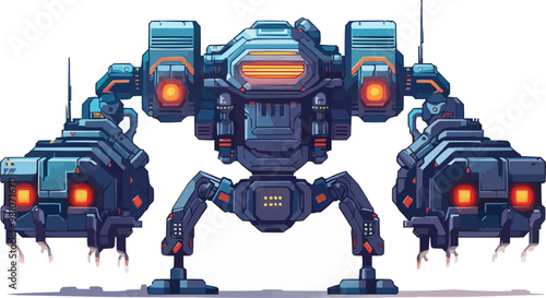 Design pixel art of a futuristic robot with lights, pixel art on white isolated background, vector design.