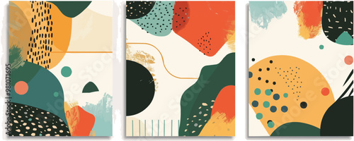 Design mid-century modern abstract sets with retro color palettes, minimalist patterns, and geometric motifs. Great for posters, home decor, and digital designs, vector illustration, flat style.