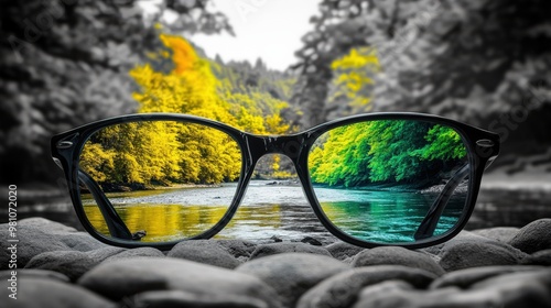 Perception. Better Vision Concept with Colorful View of Forest through Eyeglasses