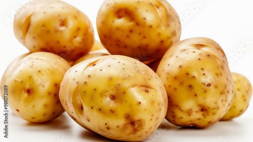 Closeup photo of ripe white potatoes on white background. photo