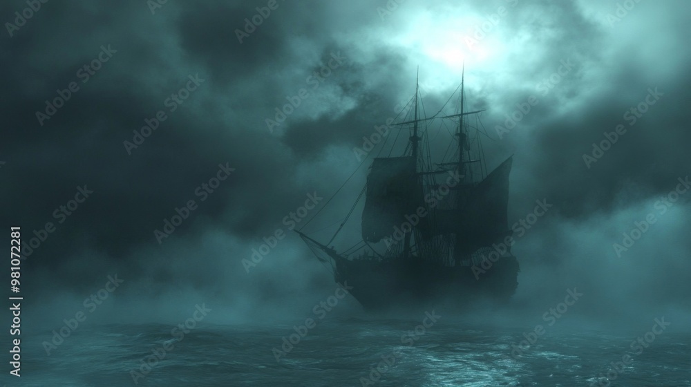 A Silhouetted Sailing Ship in a Foggy Night Sea A Silhouetted Sailing Ship in a Foggy Night Sea