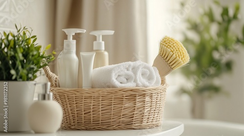 Wicker Basket with Cleaning Products and Brush on Bathroom Table. AI generated illustration