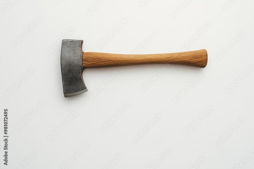 Small Handcrafted Axe with Wooden Handle on White Background