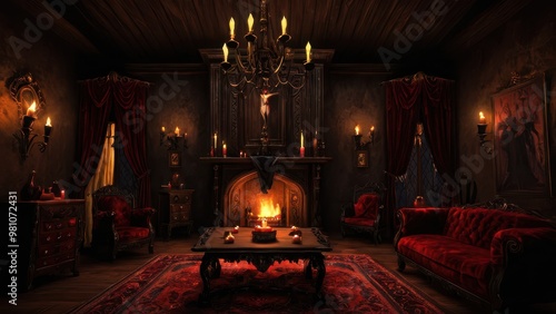 A dramatic, candle-lit gothic lounge with rich red velvet upholstery, dark wood paneling, and a fireplace, setting a hauntingly luxurious and mysterious atmosphere