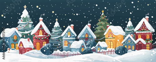 A snowy town with houses and a Christmas tree. The houses are decorated with lights and the street is covered in snow. The scene is peaceful and festive