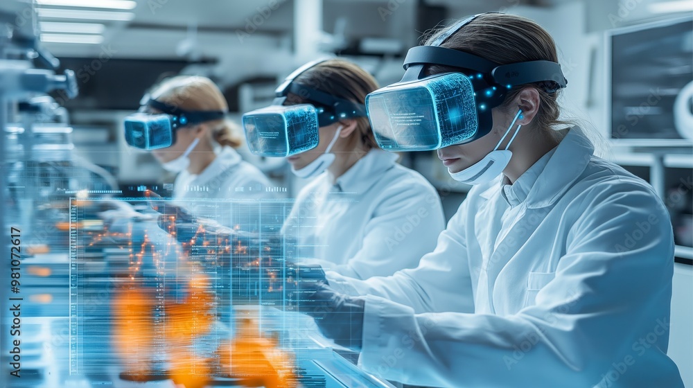 Scientists analyze multiverse data in a high-tech lab using augmented reality devices to explore parallel worlds Scientists analyze multiverse data in a high-tech lab using augmented reality devices to explore parallel worlds