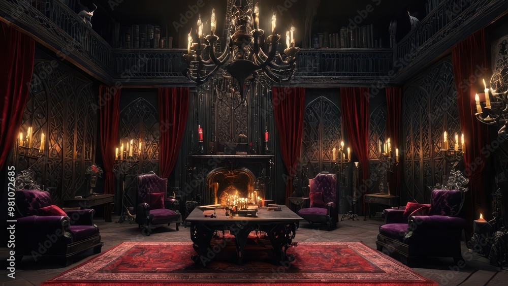 A lavish, gothic-style room illuminated by candlelight, with crimson curtains, dark wood furniture, and a grand fireplace, evoking a mysterious and hauntingly elegant ambiance A lavish, gothic-style room illuminated by candlelight, with crimson curtains, dark wood furniture, and a grand fireplace, evoking a mysterious and hauntingly elegant ambiance