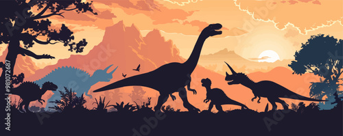 Dinosaurs, T-Rex, Triceratops, and Velociraptor in prehistoric scenes, ancient creatures silhouettes, black silhouette, vector illustration, flat style.