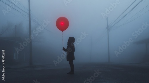 A Silhouette of a Person Holding a Red Balloon in Foggy Conditions