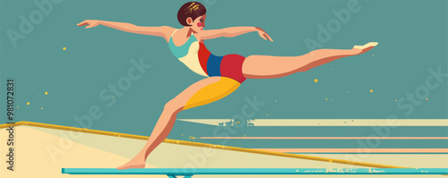 Playful pin-up tennis player in a retro tennis outfit, holding a racket, flat, vector illustration, pin-up style.