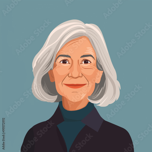 Elderly lady with silver hair and a warm smile, flat portrait, vector illustration.