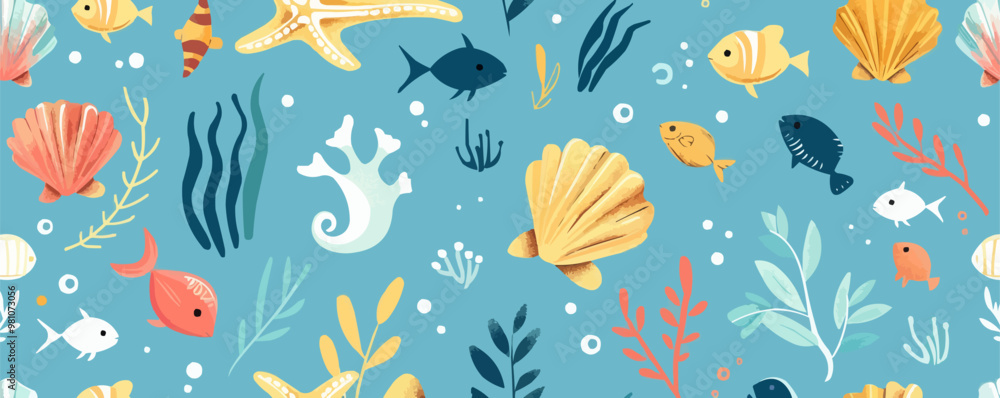 Playful ocean elements like shells, seaweed, and fish on a bright background, flat, vector illustration, seamless pattern background design. Playful ocean elements like shells, seaweed, and fish on a bright background, flat, vector illustration, seamless pattern background design.