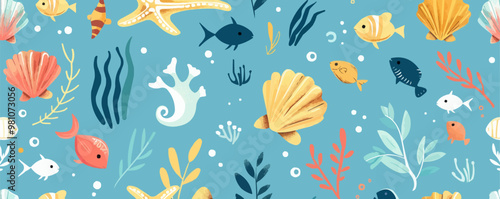 Playful ocean elements like shells, seaweed, and fish on a bright background, flat, vector illustration, seamless pattern background design.
