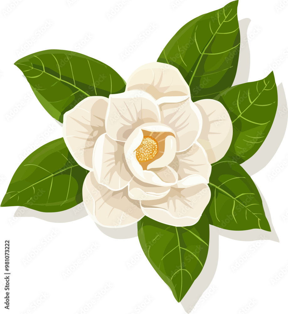Obraz premium Elegant gardenia flower icon flat on white isolated background, vector design.