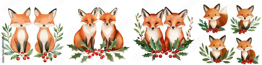 Fototapeta premium Charming fox illustrations adorned with festive wreaths and berries, perfect for holiday-themed designs and decorations.