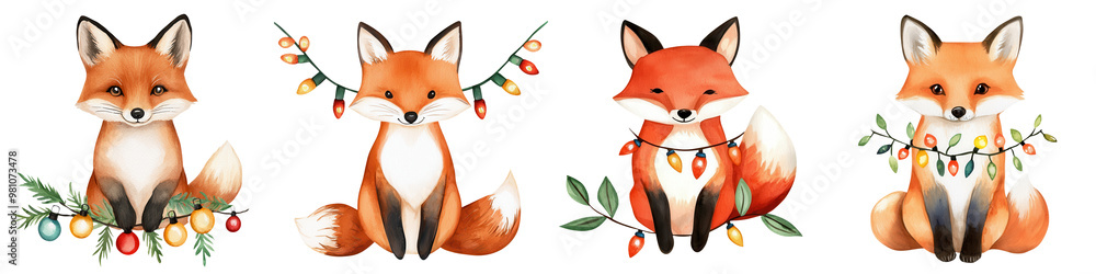 Fototapeta premium Charming illustrated fox characters, adorned with vibrant foliage and berries, perfect for whimsical designs and nature themes.