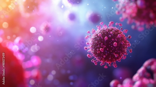 A virus cell floating in a fluid environment, with bright colors highlighting its harmful presence.