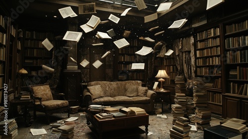 Eerie living room with levitating furniture and floating books illuminated by dim lighting