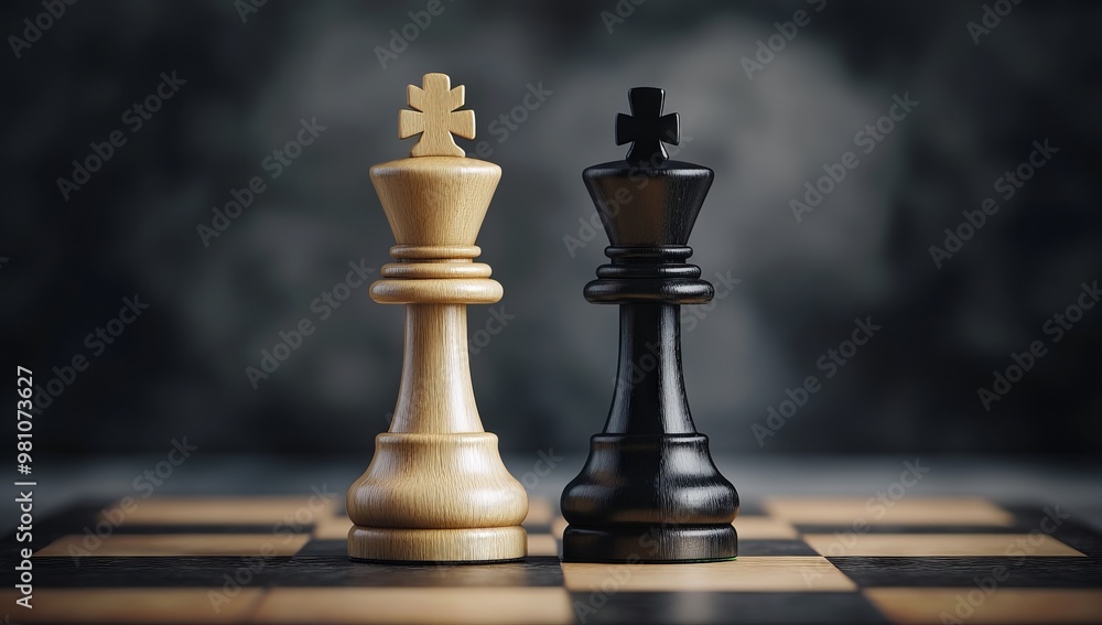 Wooden Chess Pieces with White King and Black Rook Facing Each Other. AI generated illustration Wooden Chess Pieces with White King and Black Rook Facing Each Other. AI generated illustration
