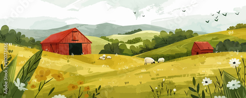Quiet countryside scene with rolling hills, grazing sheep, and a rustic barn, flat, vector illustration in watercolor style.