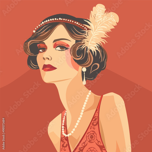 Elegant lady in 1920s flapper dress, complete with accessories like pearls and a feathered headband, flat, vector illustration, Vintage hand drawn.