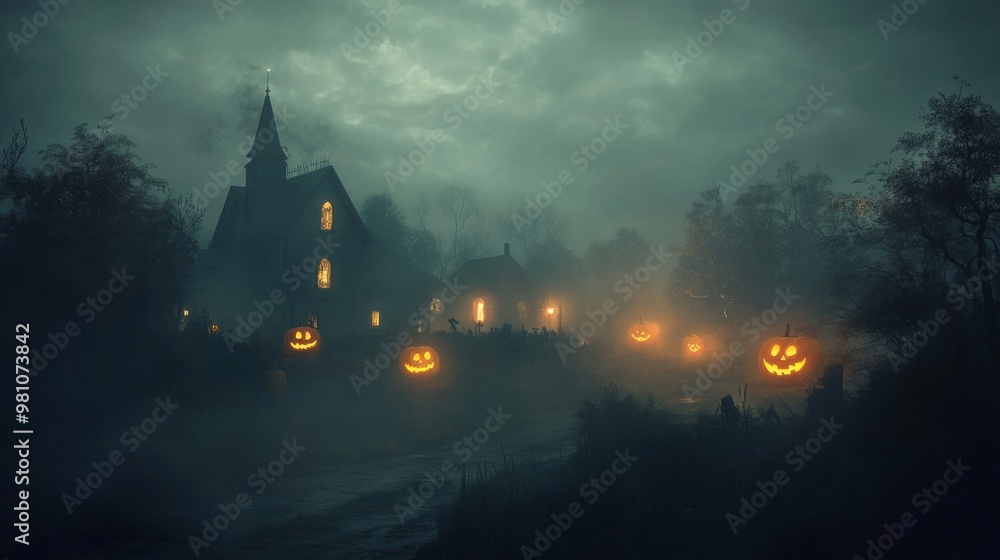 Haunted House and Jack-o'-Lanterns in a Foggy Forest Haunted House and Jack-o'-Lanterns in a Foggy Forest