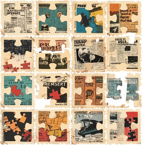 Puzzles newspaper clippings set. Different puzzle pieces collage newspapers clipping retro glossy magazine, brainteaser pop punk vintage paper style social media collages vector illustration