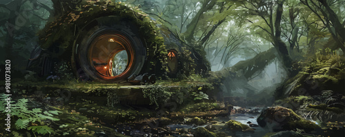 A painting of a forest with a large, round building in the middle. The building has a window and a door, and it is a hut