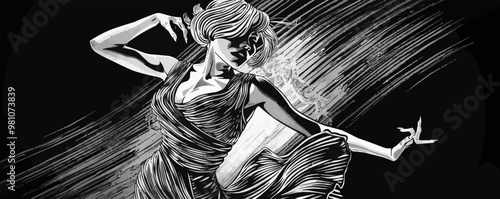Elegant pin-up flapper girl in a 1920s dress, dancing the Charleston, vector illustration, pin-up style, scratch board imitation, black and white image