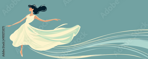 Elegant pin-up ballroom dancer in a flowing gown, twirling gracefully, flat, vector illustration, pin-up style.