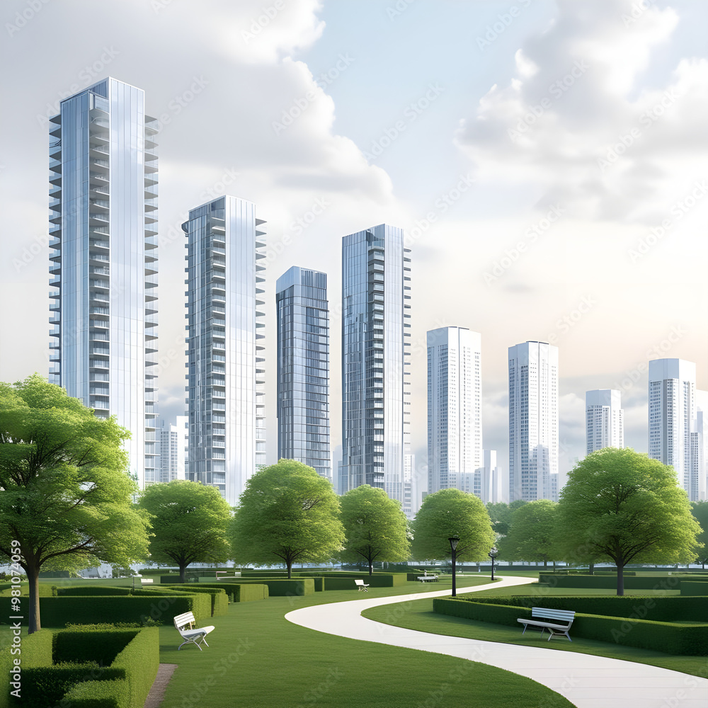 Fototapeta premium A cityscape with buildings and a green park 