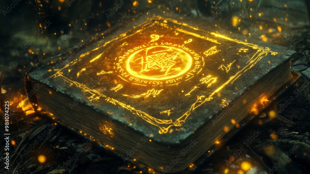 Ancient Book Glowing with Magical Runes and Sparks Ancient Book Glowing with Magical Runes and Sparks