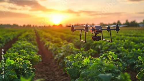 A drone flies over lush green fields at sunset, showcasing modern agriculture technology and its role in farming innovation. photo