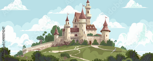 Enchanting castle on a hill with a moat and drawbridge, flat, vector illustration, Sketch.