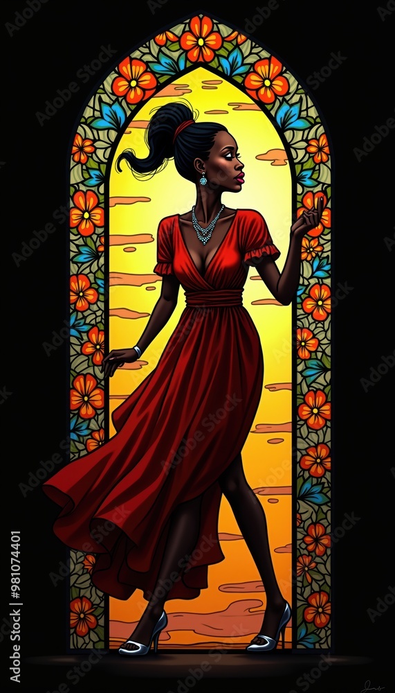 Fototapeta premium A striking illustration of a woman in a vibrant red dress against a stained glass window, symbolizing elegance and beauty. Perfect for fashion, art, and lifestyle themes.