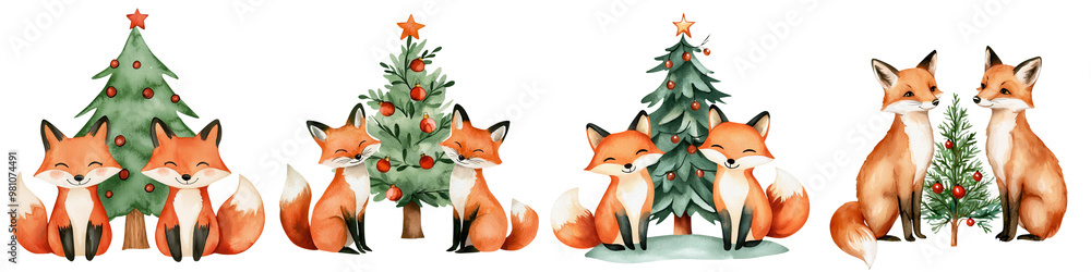 Obraz premium Cute foxes interacting with Christmas trees, perfect for holiday-themed designs and festive decorations.