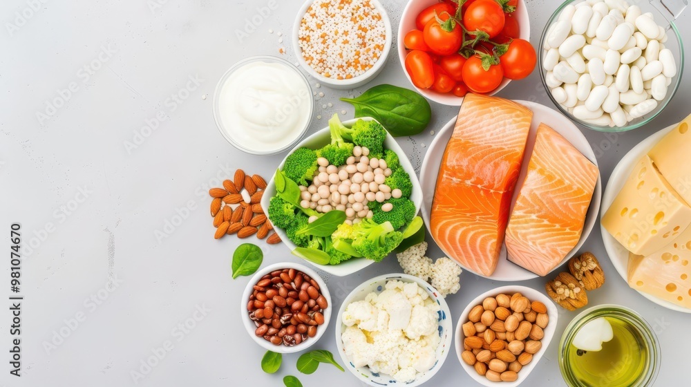 Colorful selection of fresh ingredients including vegetables, fish, nuts, and cheese for a healthy meal preparation. Colorful selection of fresh ingredients including vegetables, fish, nuts, and cheese for a healthy meal preparation.