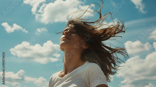 Carefree woman with tousled hair against the sky at the beach