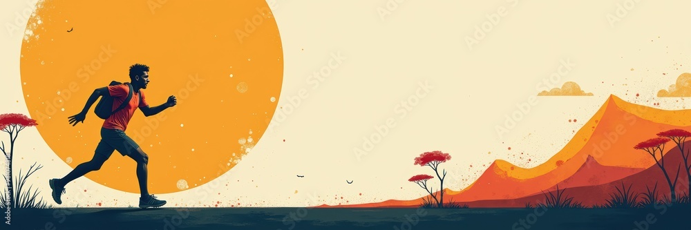 A vibrant illustration of a person jogging against a scenic sunset backdrop, perfect for fitness, lifestyle, and outdoor adventure themes. A vibrant illustration of a person jogging against a scenic sunset backdrop, perfect for fitness, lifestyle, and outdoor adventure themes.