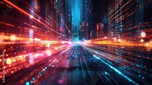A vibrant cityscape illuminated by colorful lights, depicting a fast-paced urban environment and futuristic technology.