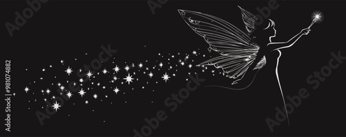 Fairy with wings, holding a wand with stars, magical being, vector illustration, black silhouette, flat style.