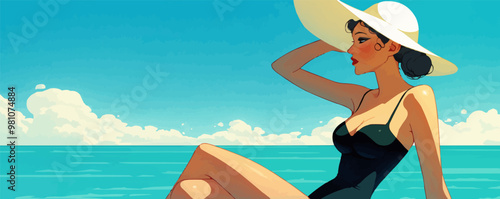 Retro beach babe with a vintage swimsuit and sun hat, posing by the ocean, flat, vector illustration, pin-up style.